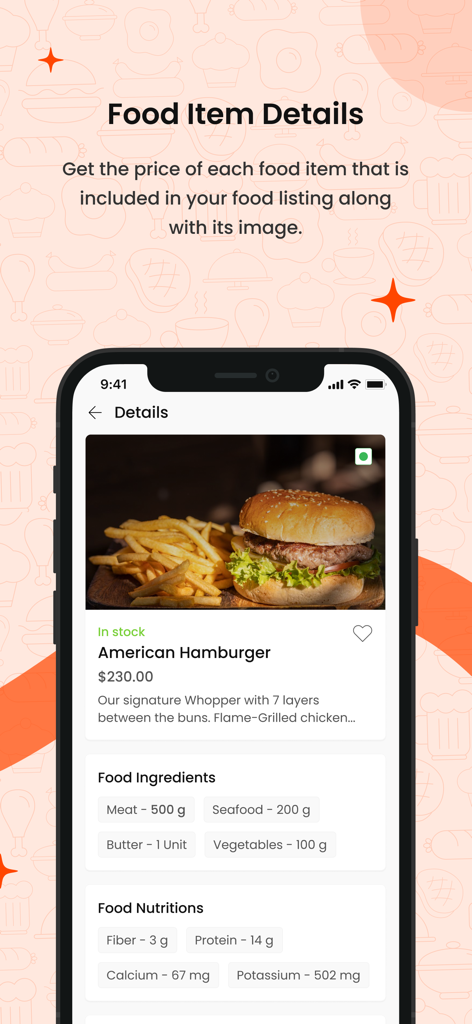 FoodMato Restaurant Partner - Food item details screen in FoodMato app showing hamburger price ingredients and nutritional information