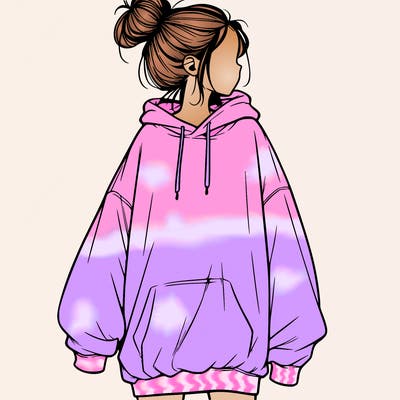 realistic girl with a oversized sweatshirt on and a bun