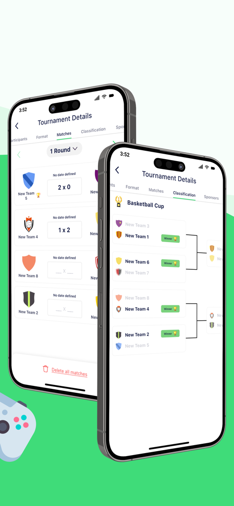 PlayoffZone: Tournament maker - Mobile app interface showing tournament match scores and basketball championship brackets