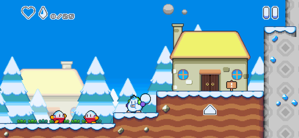 Snow Kids - Mr Penguin holding a snowball in a retro pixel art snowy level of Snow Kids