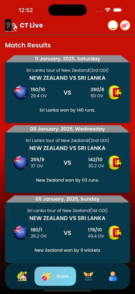 Pakistan Cricket Live - Interface des résultats des matchs de cricket montrant les scores entre la Nouvelle-Zélande et le Sri Lanka
