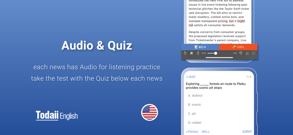 Todaii: Learn English - Interface of Todaii English app showing news audio player for listening practice and a multiple choice comprehension quiz.