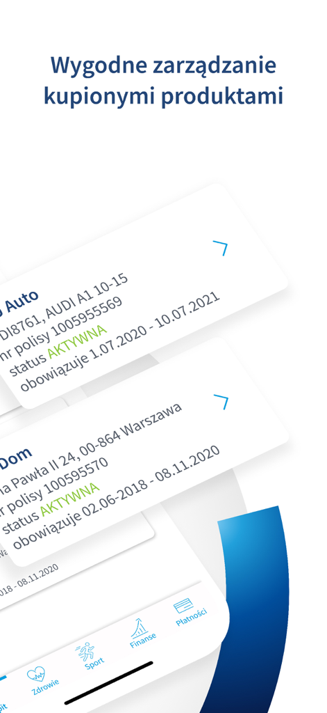 Interface of the mojePZU mobile app displaying active car and home insurance policies
