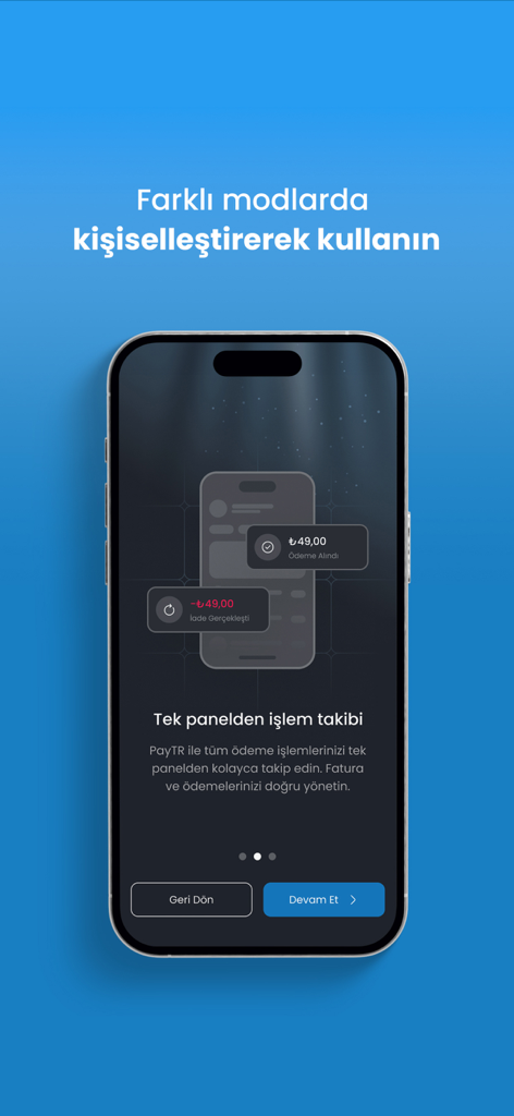 PayTR Mağaza - A smartphone showing the PayTR Magaza dashboard with transaction tracking and payment notification features