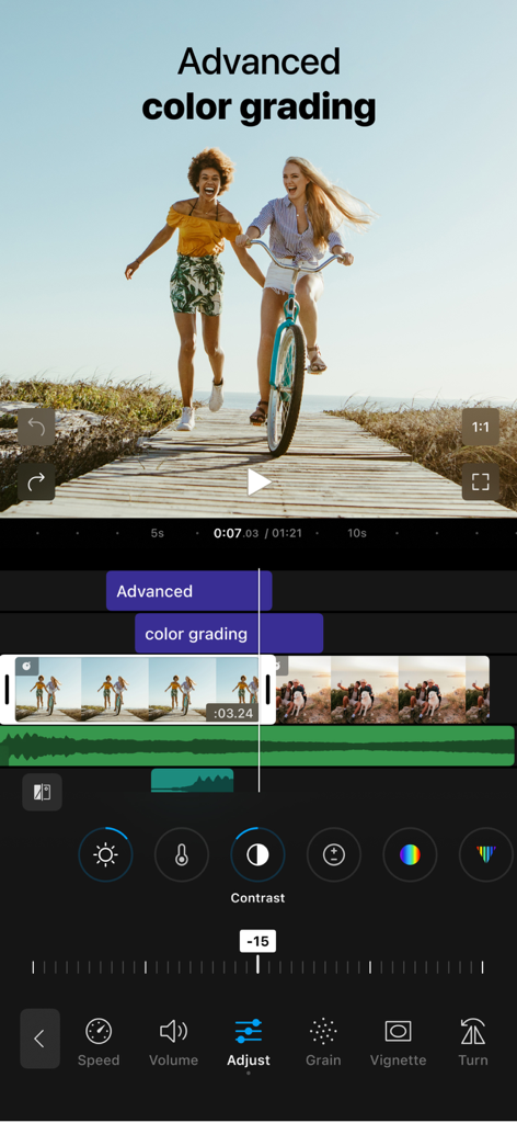 A screenshot of the Filmr app interface showing the advanced color grading feature being applied to a video of two women on a bike.