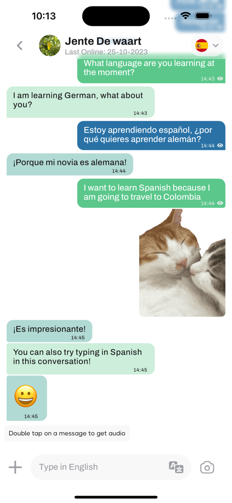 Flipchat - Chat Translator - A mobile chat interface showing a bilingual conversation in English and Spanish with integrated translation