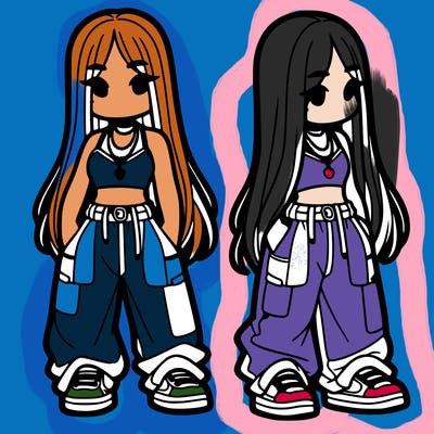 girl in baggy pants crop top and long hair