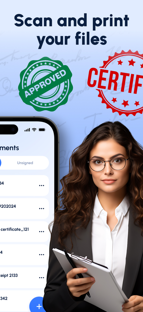 Professionnel tenant un presse-papiers à côté d'un smartphone montrant l'interface de l'application Fill and Sign PDF avec des tampons approuvés et certifiés.