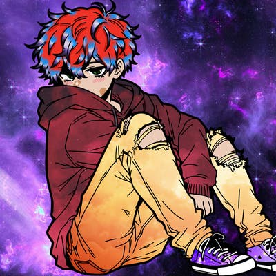 a male hoddie ripped jeans messy hair anime