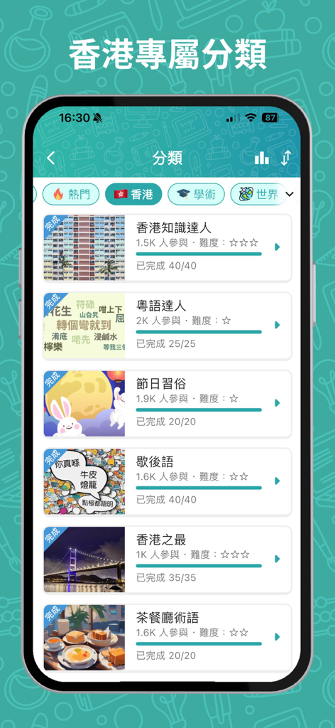 Mobile app screen showing Hong Kong specific trivia categories including Cantonese slang local festivals and tea restaurant terms