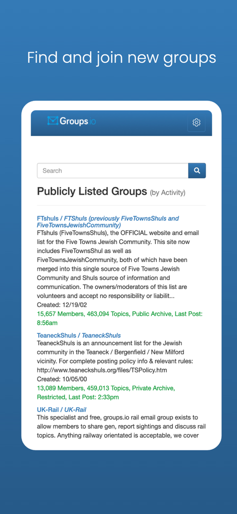 Screenshot of the Groups.io app showing a search bar and a directory of publicly listed groups.