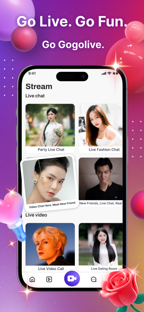 GOGOLIVE Video–Go Live, Chat - GOGOLIVE mobile app interface showing various live stream and video chat rooms with diverse creators.