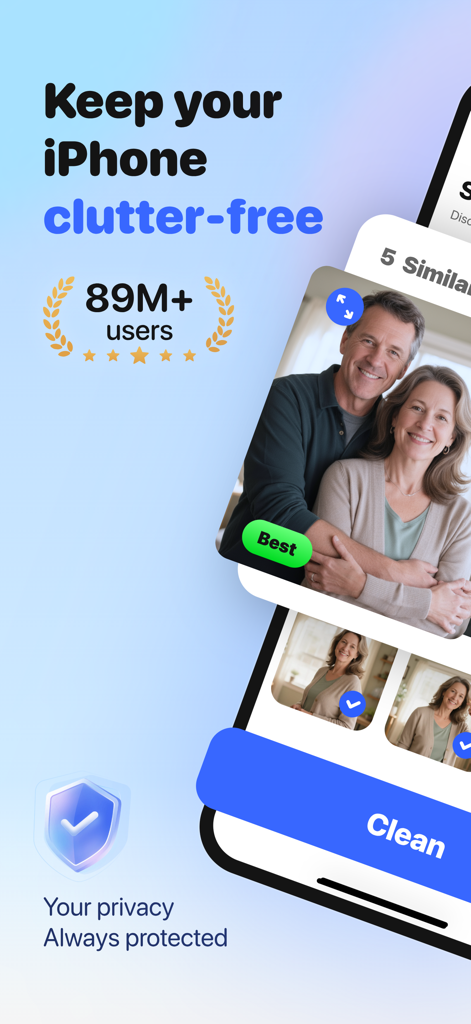AI CleanKit app interface showing similar photo detection and privacy protection badge