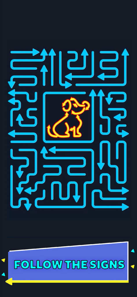 Arrowscapes - Arrows Puzzle - Una pantalla de puzle minimalista de neón de Arrowscapes con la silueta de un perro hecha de flechas.