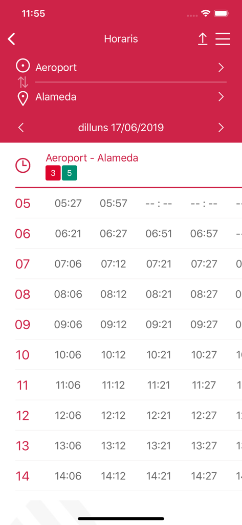 메트로발렌시아 앱 화면에 공항에서 알라메다 역까지의 지하철 시간표가 표시되어 있음