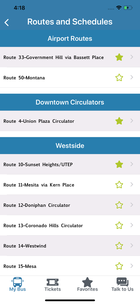 Ride Sun Metro - Screenshot of the Ride Sun Metro app displaying a list of bus routes and schedules for El Paso transit