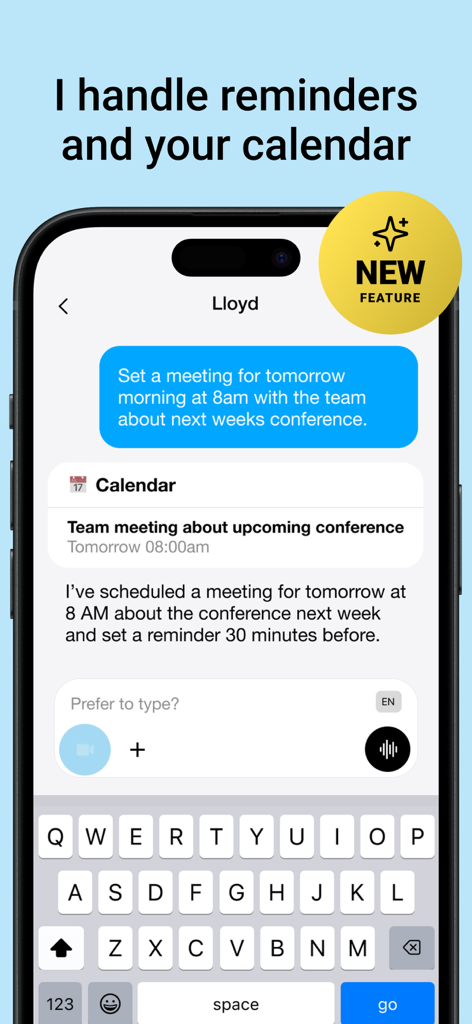 Lloyd - Your AI Superpower - El asistente Lloyd AI programa una reunión de equipo y establece un recordatorio en la interfaz de la aplicación