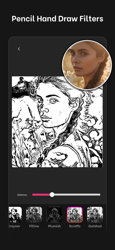 Sketch effect black and white - Interfaz de aplicación móvil que muestra una foto siendo editada con un filtro de boceto a lápiz.