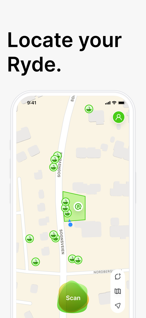 Ryde app screen showing a map with available e-scooter locations and a scan button