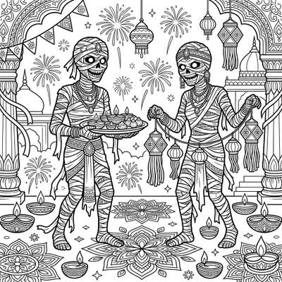 Dive into a uniquely festive coloring experience with our Cursed Mummies Diwali page. This detailed illustration blends ancient mystique with the joyful glow of the festival of lights, perfect for adult and teen colorists.