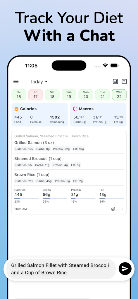 Journable — AI Calorie Counter - Smartphone screen of Journable app showing AI-powered meal tracking via a chat interface.