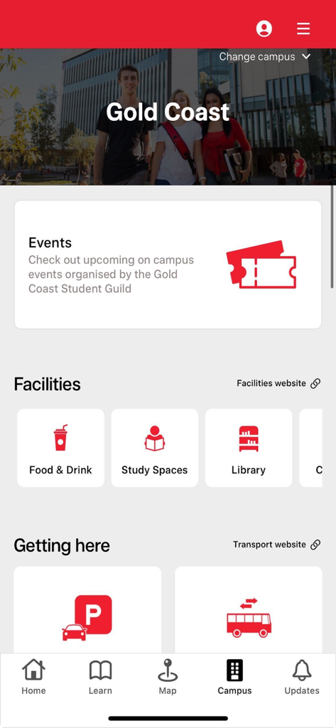 グリフィスアプリのゴールドコーストキャンパスダッシュボードのスクリーンショット。大学の施設、イベント、交通オプションが表示されています。