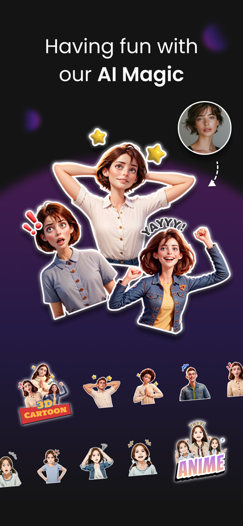 Vivisticker: Story Maker - Interfaccia dell'app Vivisticker che mostra avatar adesivi di cartoni animati e anime generati dall'AI da una foto