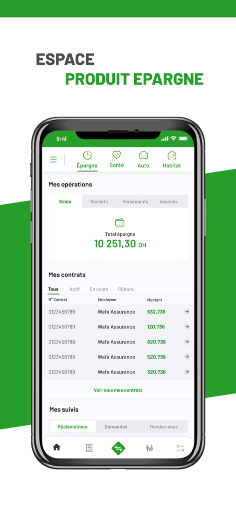 My Wafa mobile app interface showing the savings account dashboard with balance and insurance contract details