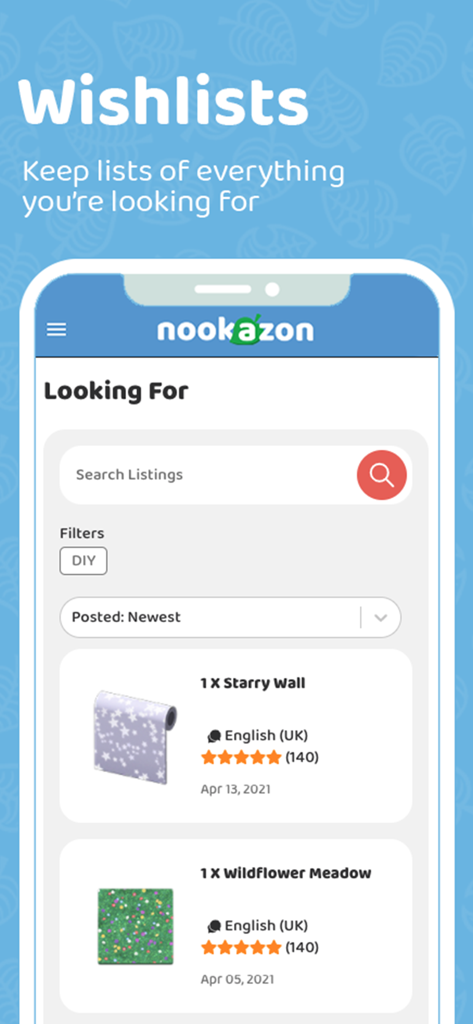 Mobile screen of the Nookazon app showing wishlists and item listings for Animal Crossing New Horizons