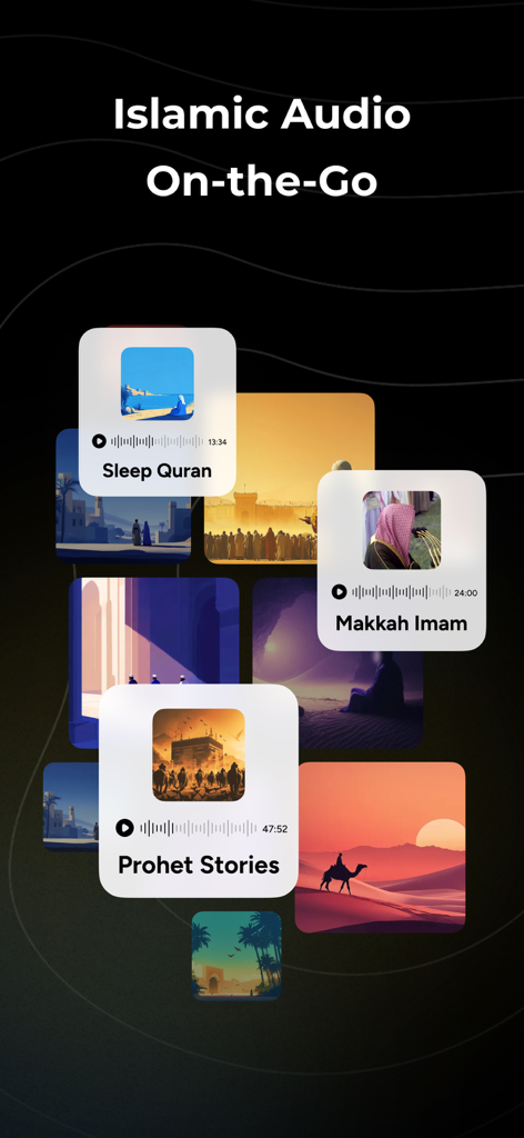 Hajo - Quran, Prayer & Hajj - A collection of Islamic audio cards in the Hajo app featuring Sleep Quran Makkah Imam and Prophet Stories