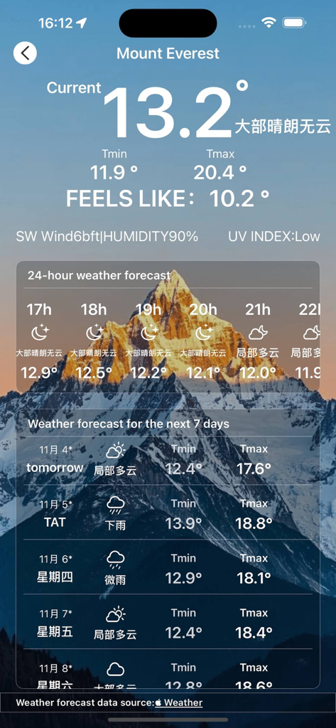 Altimeter Pro - Altitude & Map - Screenshot of Altimeter Pro app showing detailed weather forecast and current temperature for Mount Everest.