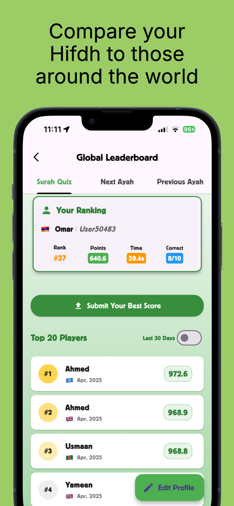 Quran Memory Game - A global leaderboard screen in the Quran Memory Game app showing player rankings, scores, and completion times for Quran memorization challenges.