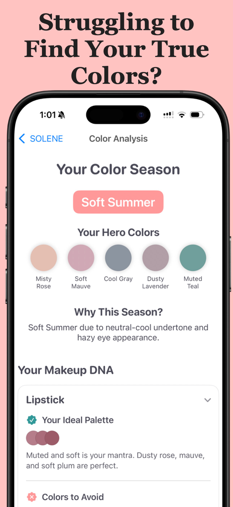 Solene app color analysis screen showing Soft Summer seasonal palette and makeup recommendations