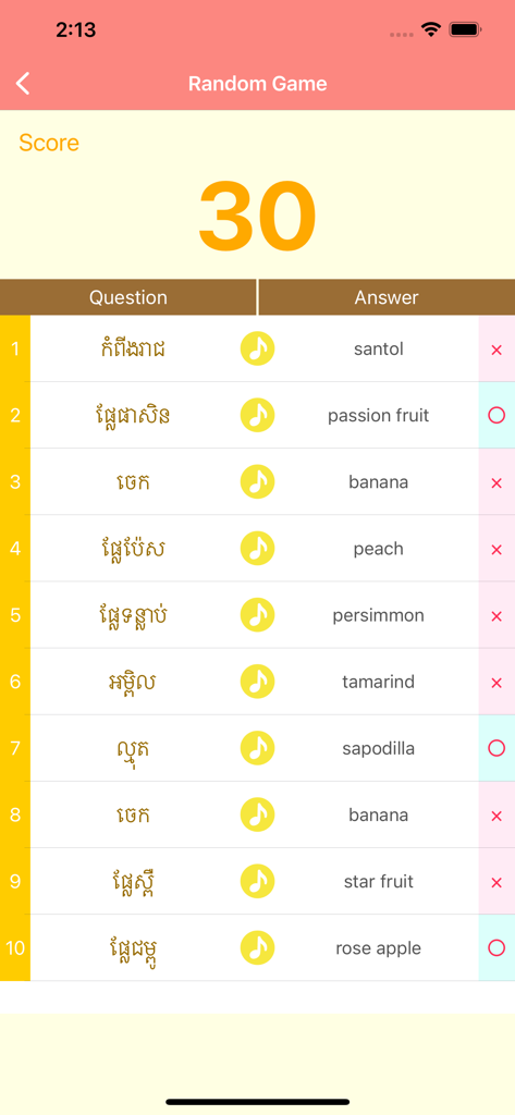 Écran de quiz de l'application de langue khmère montrant le vocabulaire des fruits avec l'écriture khmère et les traductions anglaises