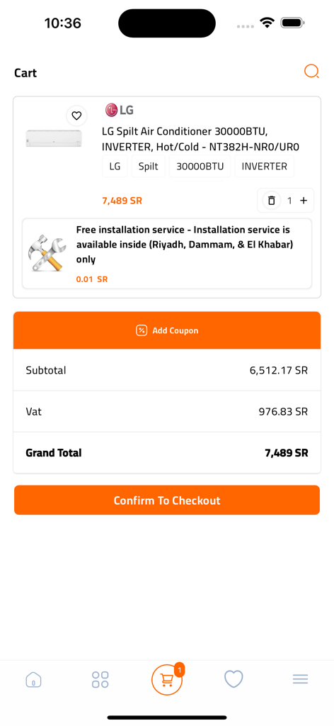 Tela do carrinho de compras do aplicativo Black Box mostrando um ar condicionado LG com subtotal do preço e botão de checkout