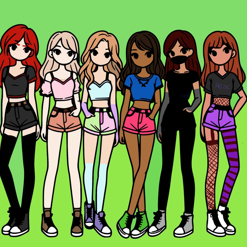 a group of girls wearing crop tops and shorts