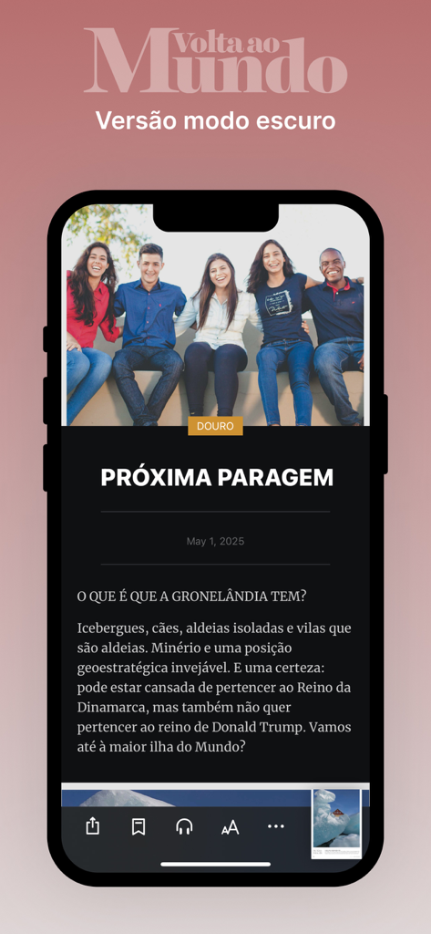 Volta ao Mundo - Screenshot of the Volta ao Mundo mobile app showing an article about Greenland in dark mode.