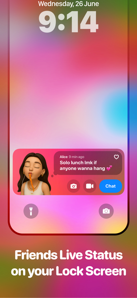 Vibes - BFF mood tracker - A smartphone lock screen showing a Vibes app widget with a friend's live status and mood update.