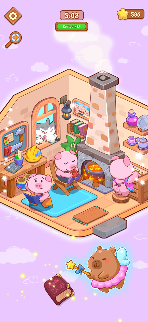 Uma cena de quarto aconchegante de Fairy Room Makeover apresentando os Três Porquinhos e um lobo olhando pela janela