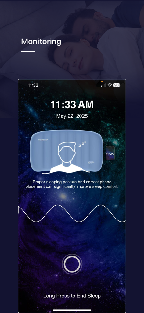 Interfaz de monitorización del sueño de Anti-Snore Lab con fondo estrellado y consejos sobre la postura al dormir
