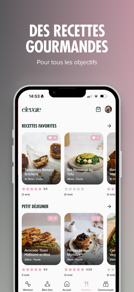 Elevate - Interface de nutrition de l'application de fitness Elevate présentant des recettes gastronomiques saines et des idées de petit-déjeuner pour femmes
