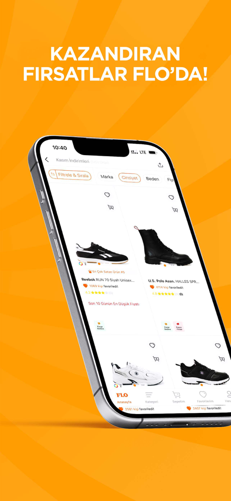 Mobile screen of FLO Ayakkabi app displaying Reebok sneakers and US Polo Assn boots with Turkish promotional text