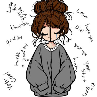 girl with baggy sweatshirt and messy bun
