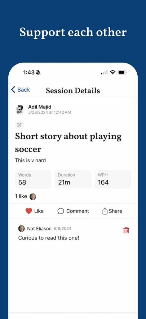 Prolific: Track Your Writing - Prolificアプリのスクリーンショットで、単語数統計と友人からのコメントを含む執筆セッションの詳細を表示
