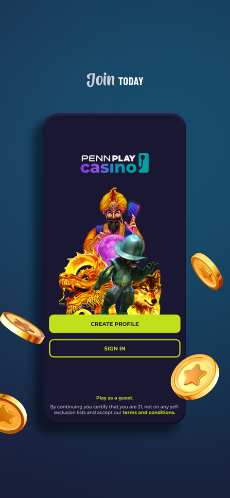 Pantalla de bienvenida de la aplicación móvil PENN Play Casino con personajes de juegos de tragamonedas