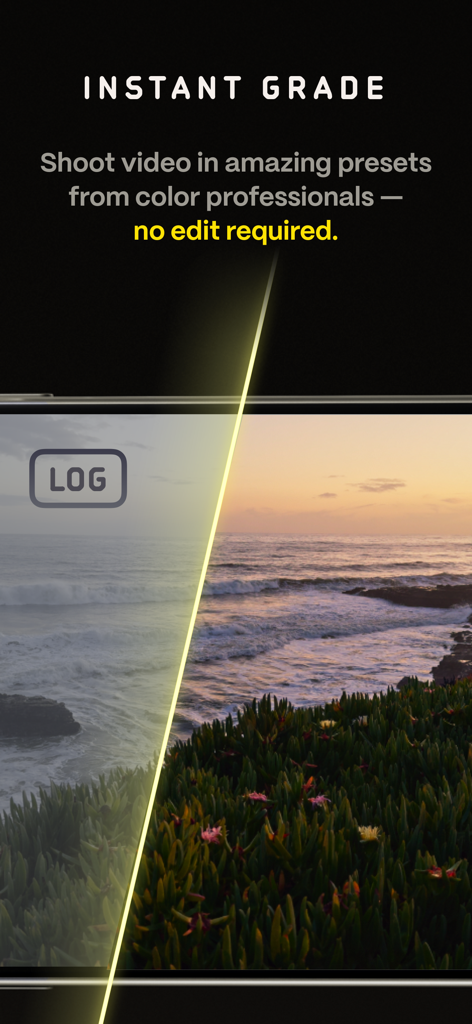 Split screen comparison of raw log footage versus professional color grading in the Kino video app