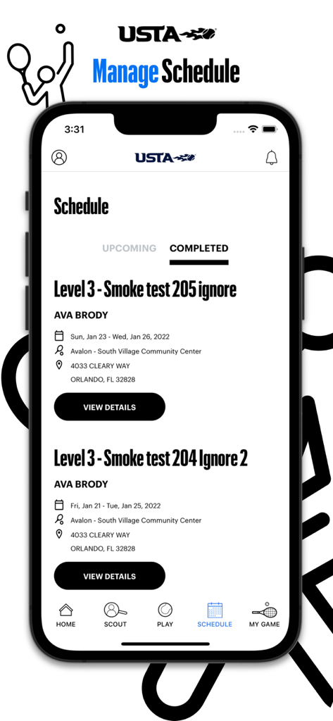 USTA Tennis - USTA Tennis mobile app schedule screen displaying completed tournament match details and locations for a player