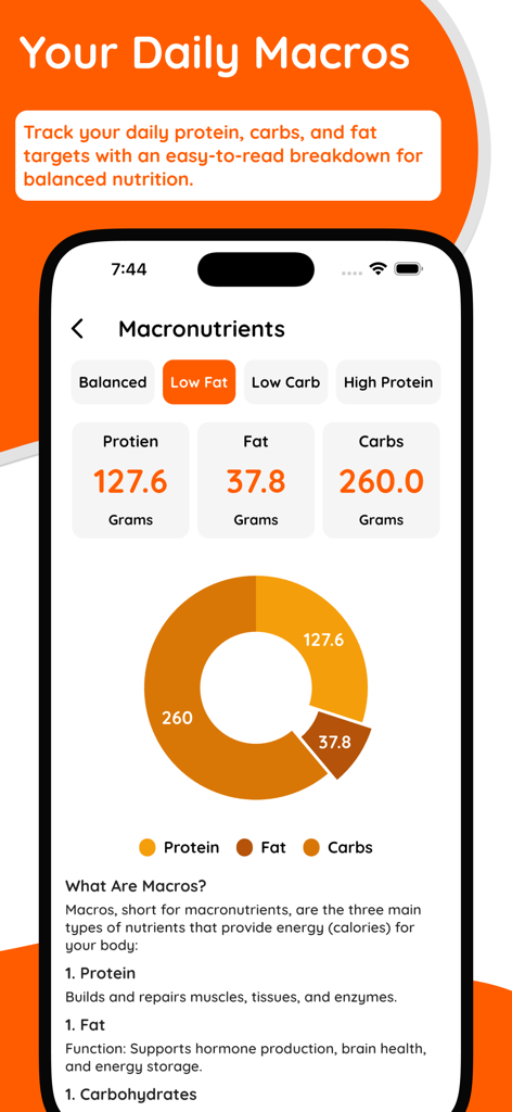 TDEE Calculator Calorie Count - Interface de l'application Calculateur TDEE montrant les objectifs de macronutriments quotidiens avec un graphique en anneau pour les protéines, les lipides et les glucides