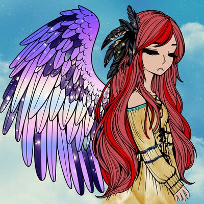 realistic girl with bird wings and some feathers in her hair