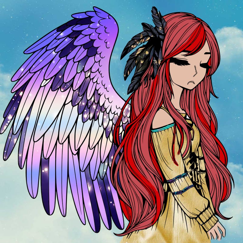 realistic girl with bird wings and some feathers in her hair